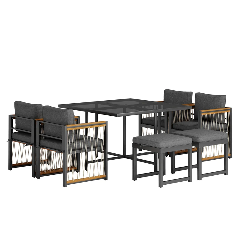 Ensemble de salle à manger d'extérieur, table en verre trempé, 7 pièces pour 6 personnes patio de jardin YOLVAERS