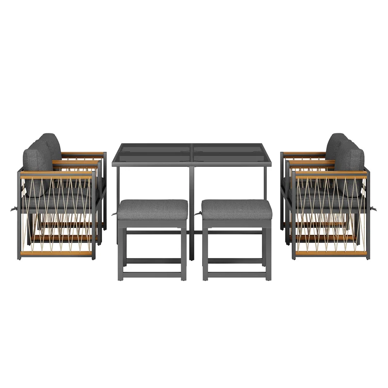 Ensemble de salle à manger d'extérieur, table en verre trempé, 7 pièces pour 6 personnes patio de jardin YOLVAERS