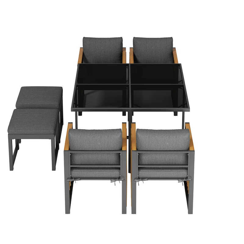 Ensemble de salle à manger d'extérieur, table en verre trempé, 7 pièces pour 6 personnes patio de jardin YOLVAERS