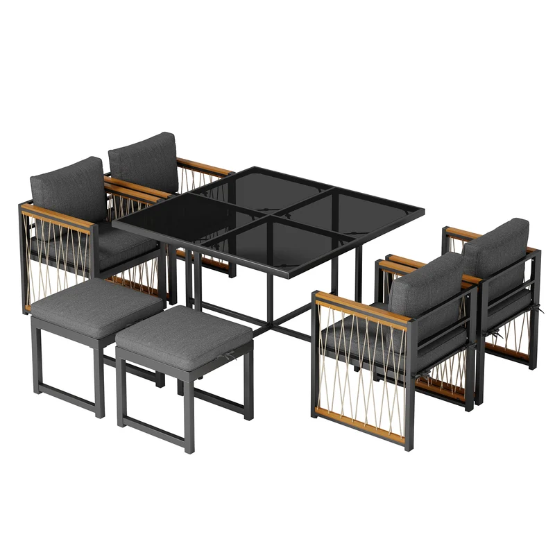 Ensemble de salle à manger d'extérieur, table en verre trempé, 7 pièces pour 6 personnes patio de jardin YOLVAERS