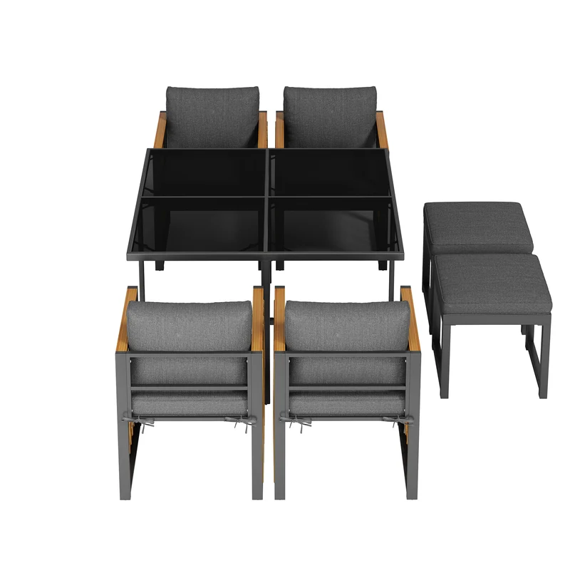 Ensemble de salle à manger d'extérieur, table en verre trempé, 7 pièces pour 6 personnes patio de jardin YOLVAERS