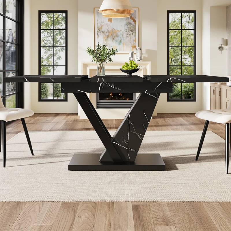 Table de salle à manger extensible effet marble noir pieds en forme de V (120-160*75cm) STRAKUL