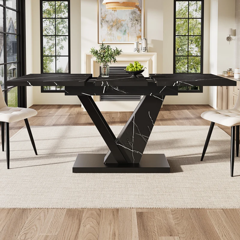 Table de salle à manger extensible effet marble noir pieds en forme de V (120-160*75cm) STRAKUL