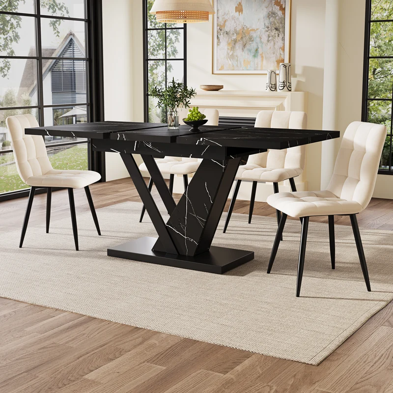 Table de salle à manger extensible effet marble noir pieds en forme de V (120-160*75cm) STRAKUL