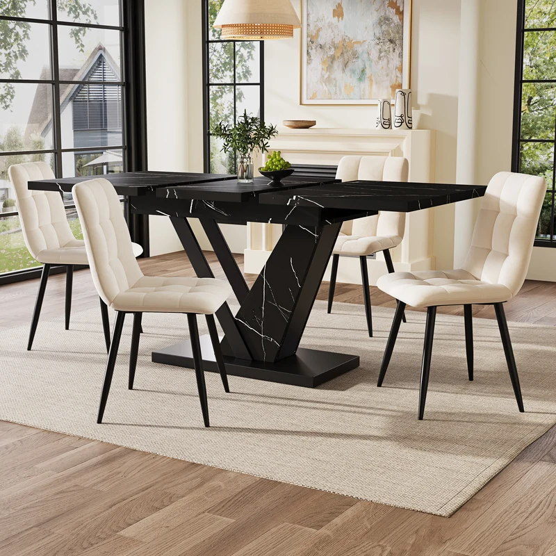 Table de salle à manger extensible effet marble noir pieds en forme de V (120-160*75cm) STRAKUL