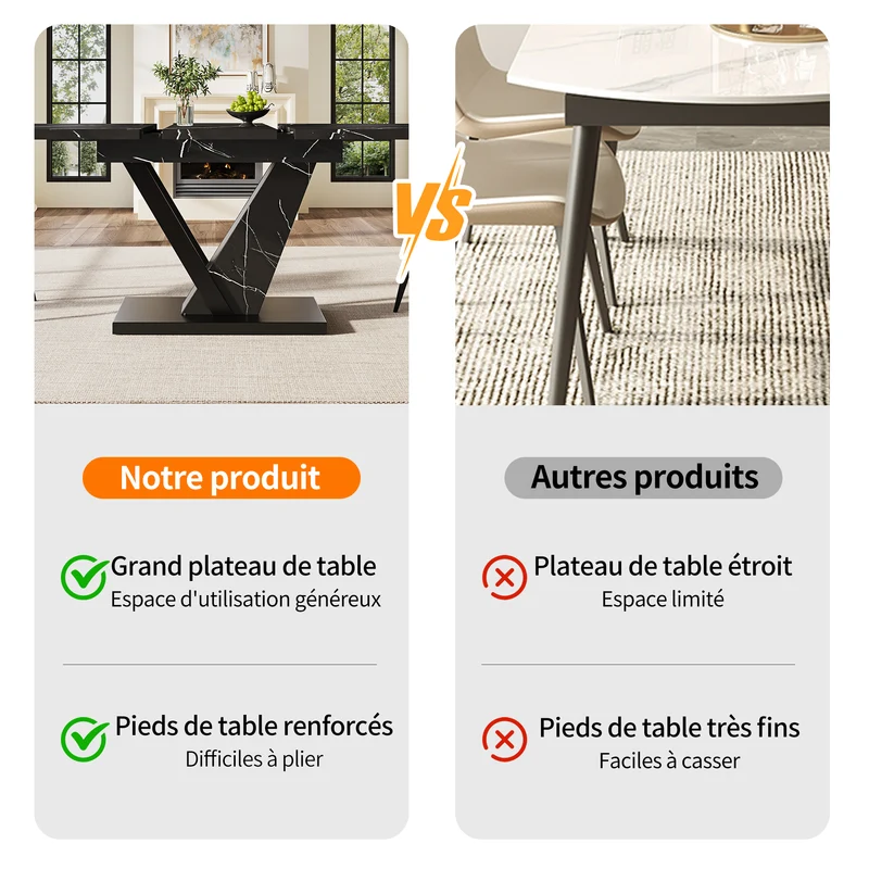 Table de salle à manger extensible effet marble noir pieds en forme de V (120-160*75cm) STRAKUL