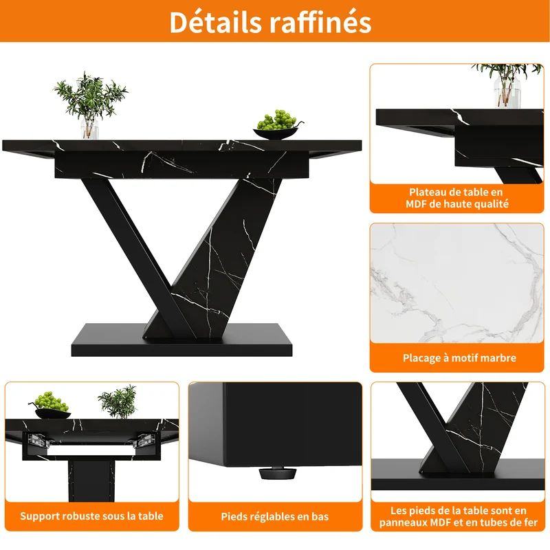 Table de salle à manger extensible effet marble noir pieds en forme de V (120-160*75cm) STRAKUL