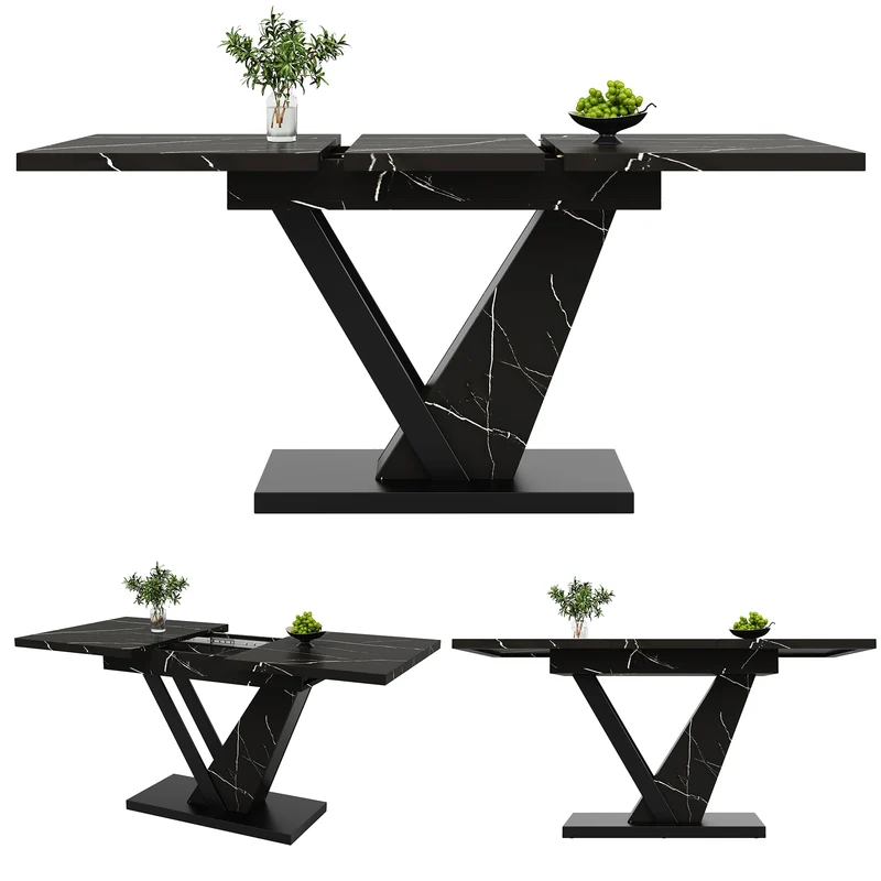 Table de salle à manger extensible effet marble noir pieds en forme de V (120-160*75cm) STRAKUL