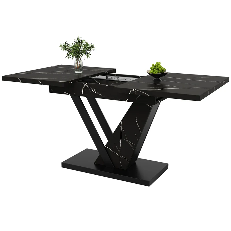 Table de salle à manger extensible effet marble noir pieds en forme de V (120-160*75cm) STRAKUL