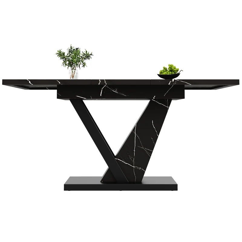 Table de salle à manger extensible effet marble noir pieds en forme de V (120-160*75cm) STRAKUL
