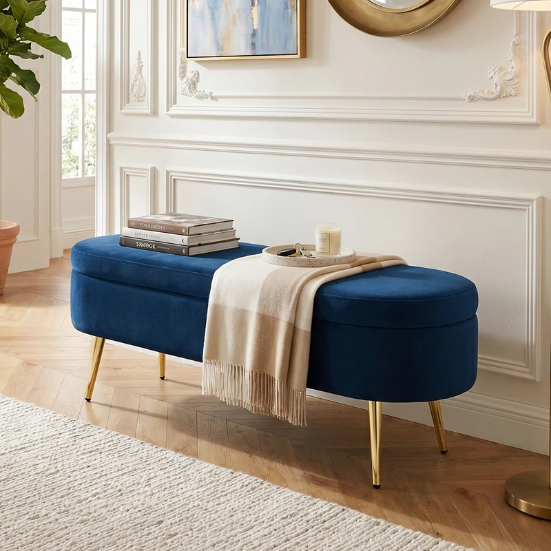 Banquette coffre pouf en velours bleu avec pieds dorés 20L 110x41x47 cm COALCOVE