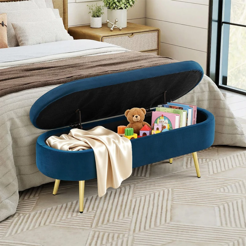 Banquette coffre pouf en velours bleu avec pieds dorés 20L 110x41x47 cm COALCOVE