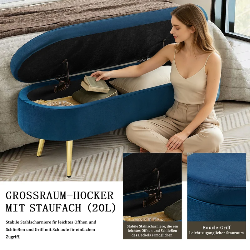 Banquette coffre pouf en velours bleu avec pieds dorés 20L 110x41x47 cm COALCOVE