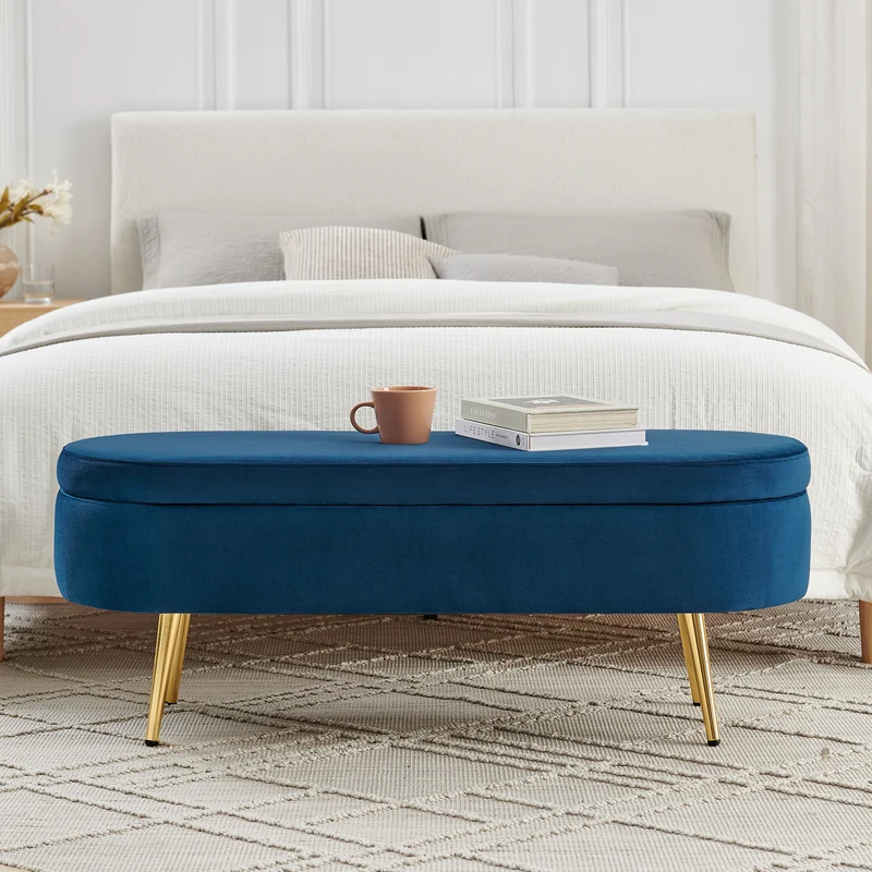 Banquette coffre pouf en velours bleu avec pieds dorés 20L 110x41x47 cm COALCOVE