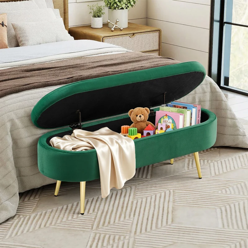 Banquette coffre pouf en velours vert avec pieds dorés 20L 110x40x42cm POTASSIUMPEAK