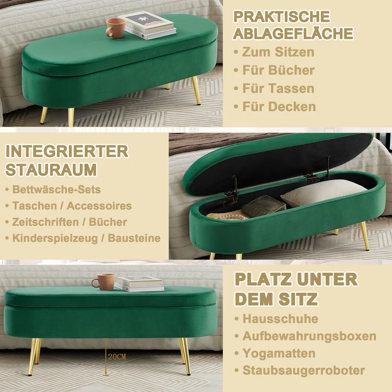 Banquette coffre pouf en velours vert avec pieds dorés 20L 110x40x42cm POTASSIUMPEAK