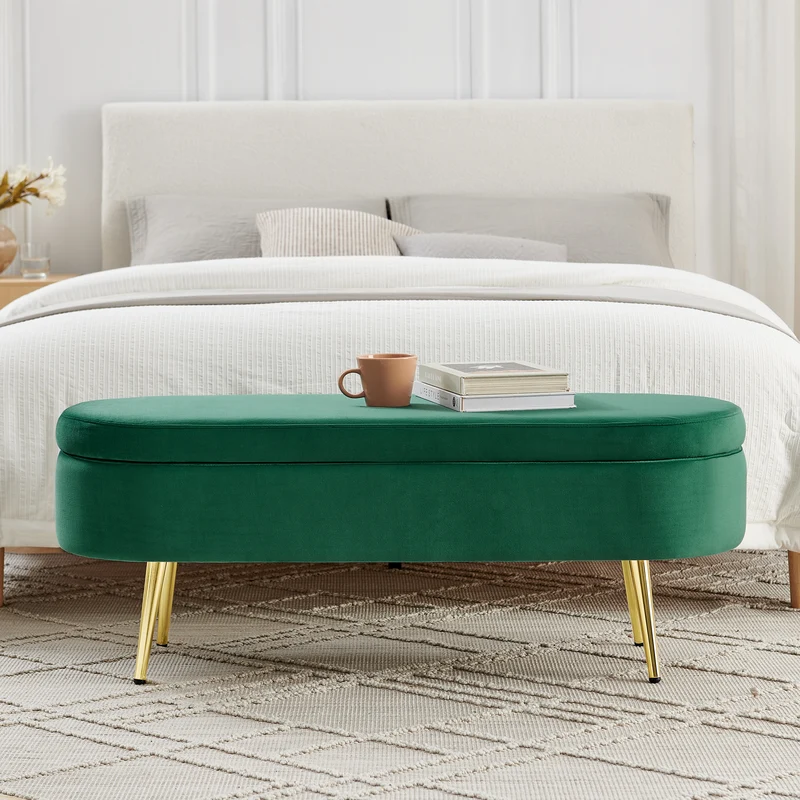 Banquette coffre pouf en velours vert avec pieds dorés 20L 110x40x42cm POTASSIUMPEAK
