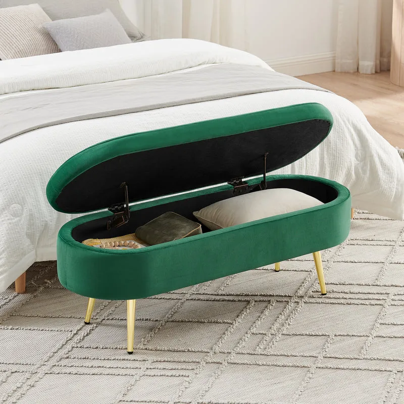 Banquette coffre pouf en velours vert avec pieds dorés 20L 110x40x42cm POTASSIUMPEAK