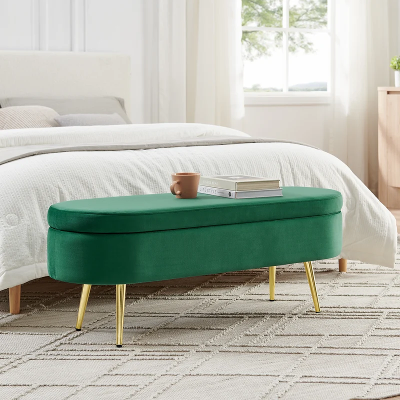 Banquette coffre pouf en velours vert avec pieds dorés 20L 110x40x42cm POTASSIUMPEAK