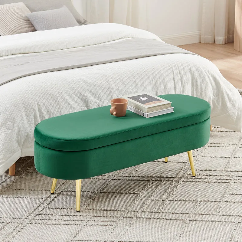 Banquette coffre pouf en velours vert avec pieds dorés 20L 110x40x42cm POTASSIUMPEAK