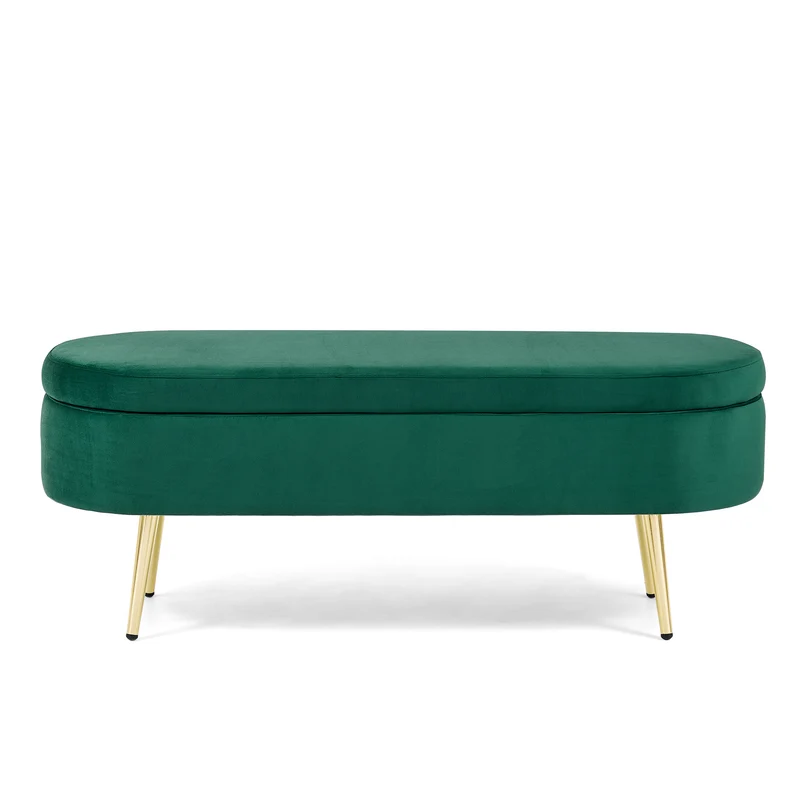 Banquette coffre pouf en velours vert avec pieds dorés 20L 110x40x42cm POTASSIUMPEAK