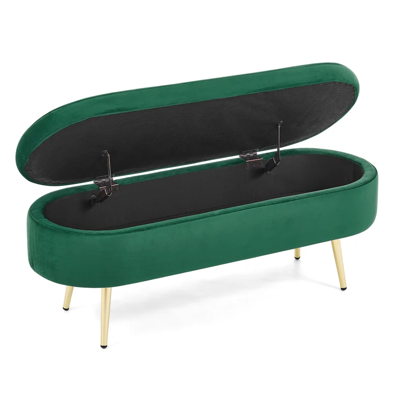 Banquette coffre pouf en velours vert avec pieds dorés 20L 110x40x42cm POTASSIUMPEAK