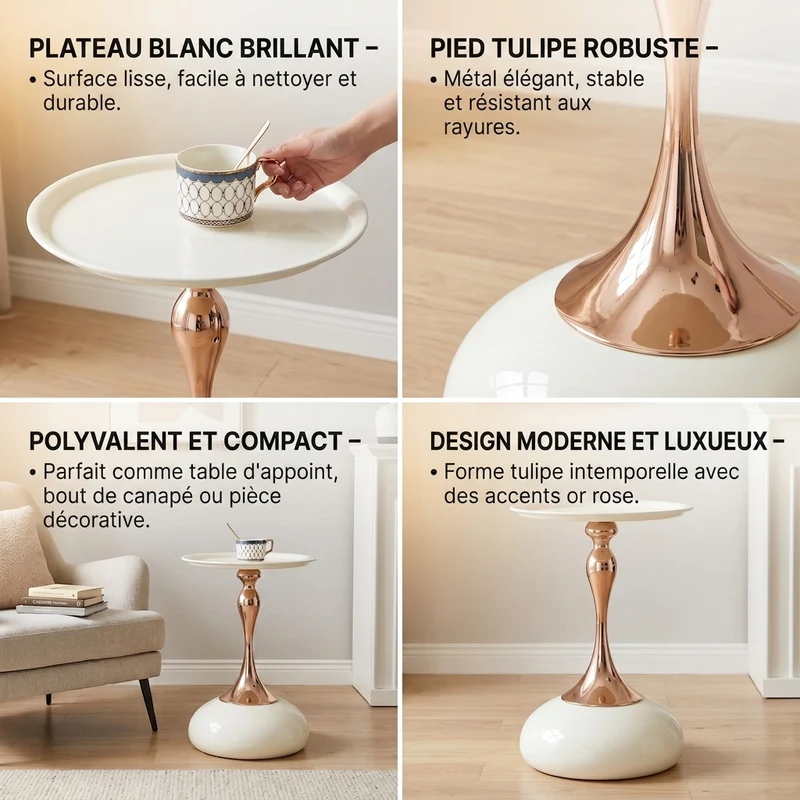 Table d'appoint ronde acier carbone blanc et dorée 38x38x54 cm PHOENIXRISE
