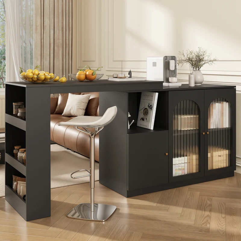 Table de bar noire pivotante 360° avec portes vitrées 120x40x97cm ARMOIRECOLLECTION