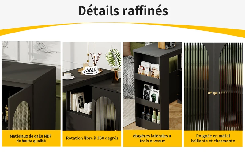 Table de bar noire pivotante 360° avec portes vitrées 120x40x97cm ARMOIRECOLLECTION