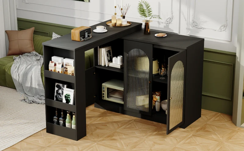 Table de bar noire pivotante 360° avec portes vitrées 120x40x97cm ARMOIRECOLLECTION