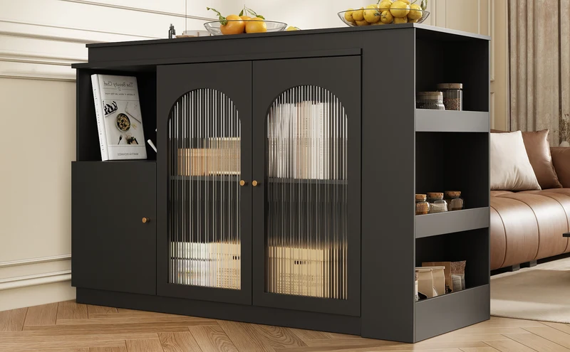 Table de bar noire pivotante 360° avec portes vitrées 120x40x97cm ARMOIRECOLLECTION