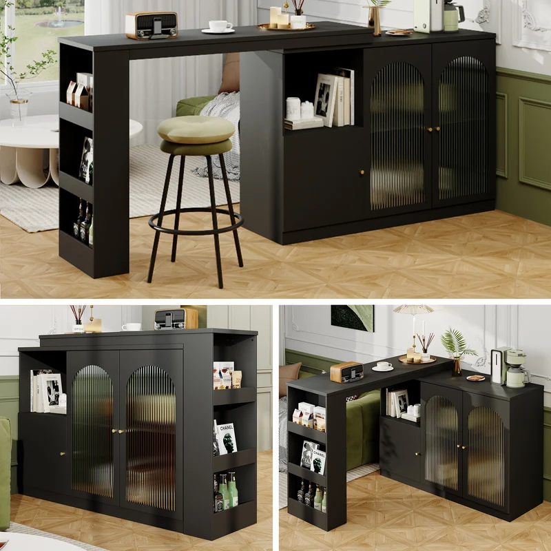 Table de bar noire pivotante 360° avec portes vitrées 120x40x97cm ARMOIRECOLLECTION