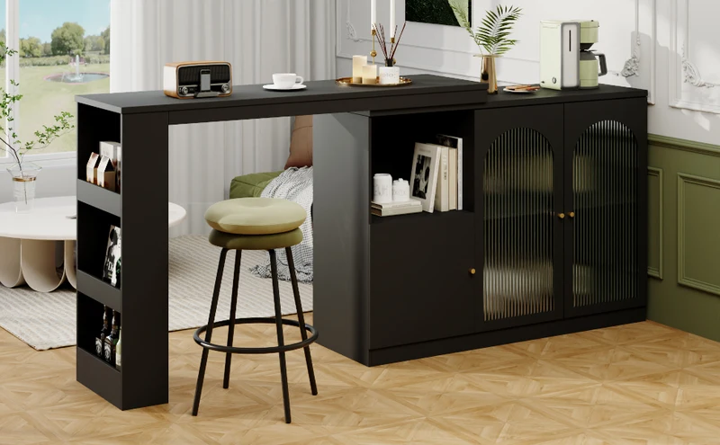 Table de bar noire pivotante 360° avec portes vitrées 120x40x97cm ARMOIRECOLLECTION