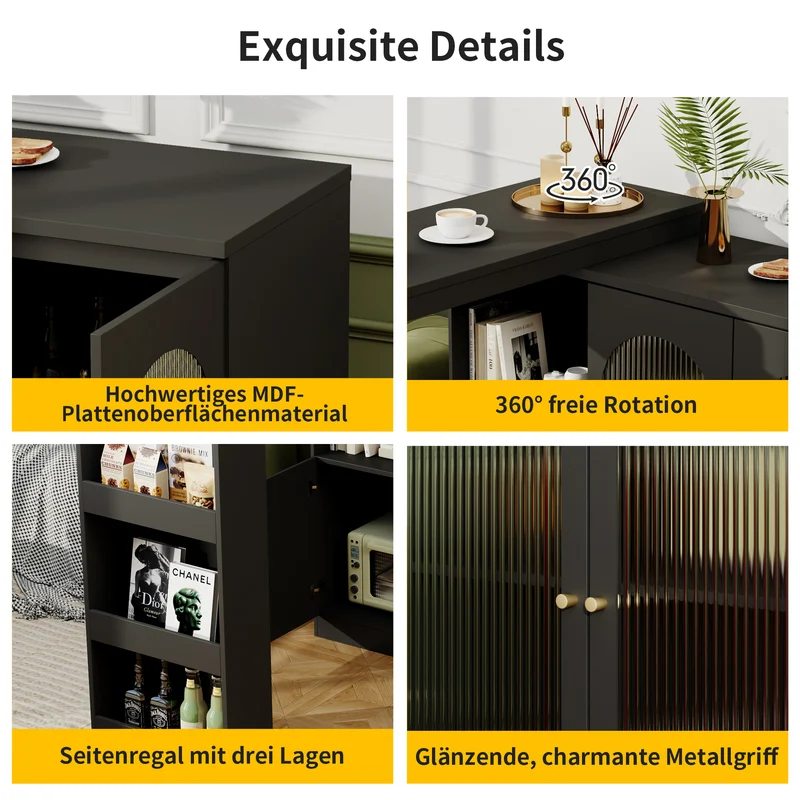 Table de bar noire pivotante 360° avec portes vitrées 120x40x97cm ARMOIRECOLLECTION