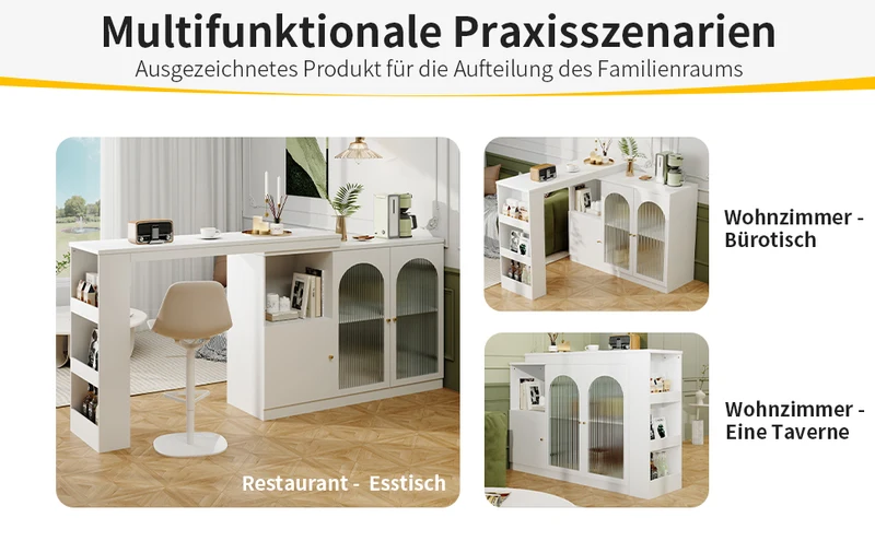Table de bar pivotant 360° blanc, porte en verre et rangement 120x40x97cm ARMOIRECONCRETE