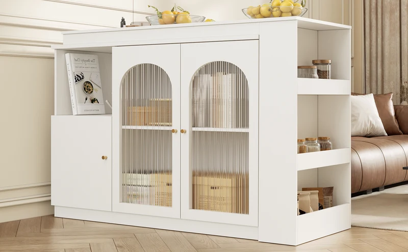 Table de bar pivotant 360° blanc, porte en verre et rangement 120x40x97cm ARMOIRECONCRETE