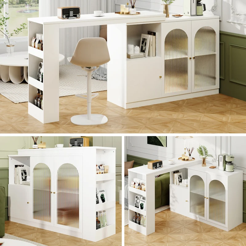 Table de bar pivotant 360° blanc, porte en verre et rangement 120x40x97cm ARMOIRECONCRETE