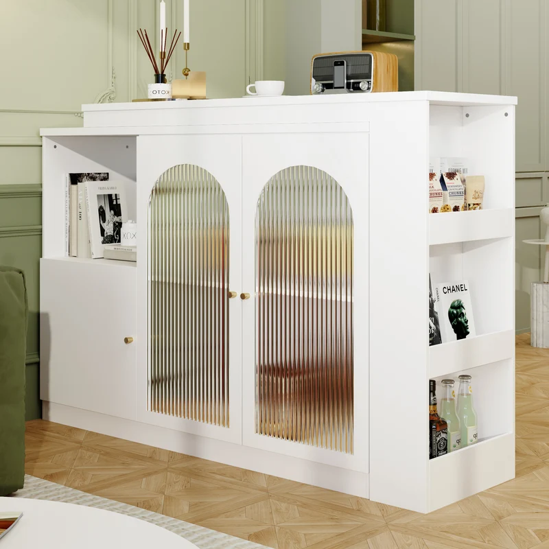 Table de bar pivotant 360° blanc, porte en verre et rangement 120x40x97cm ARMOIRECONCRETE