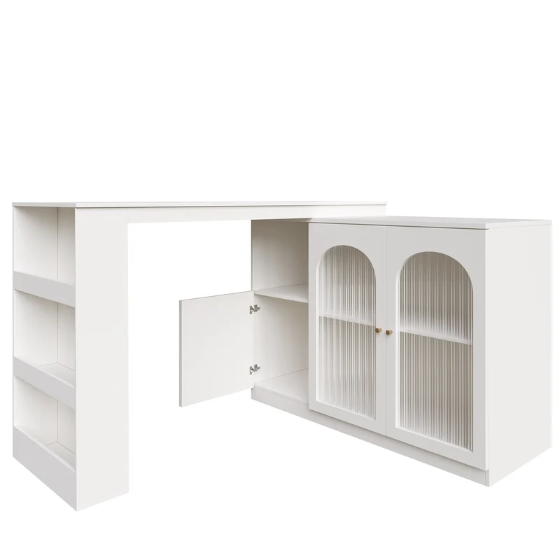 Table de bar pivotant 360° blanc, porte en verre et rangement 120x40x97cm ARMOIRECONCRETE