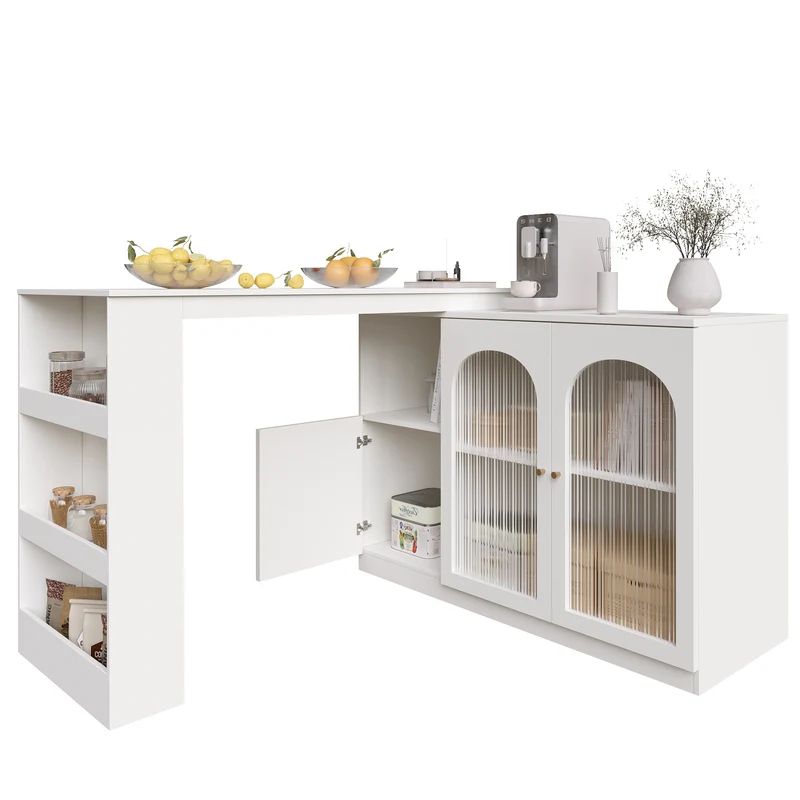 Table de bar pivotant 360° blanc, porte en verre et rangement 120x40x97cm ARMOIRECONCRETE