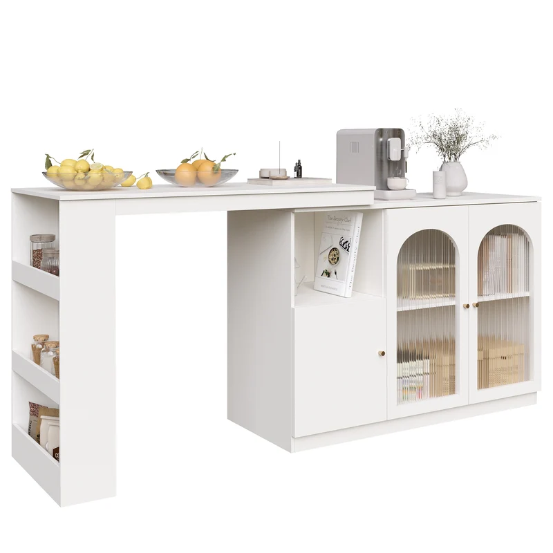 Table de bar pivotant 360° blanc, porte en verre et rangement 120x40x97cm ARMOIRECONCRETE