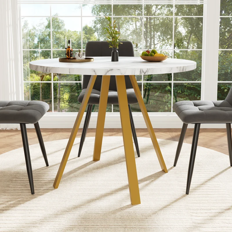 Table à manger ronde effet marbre blanc, pieds dorés, 4 personnes 80x80x75cm ARMOIREDARK