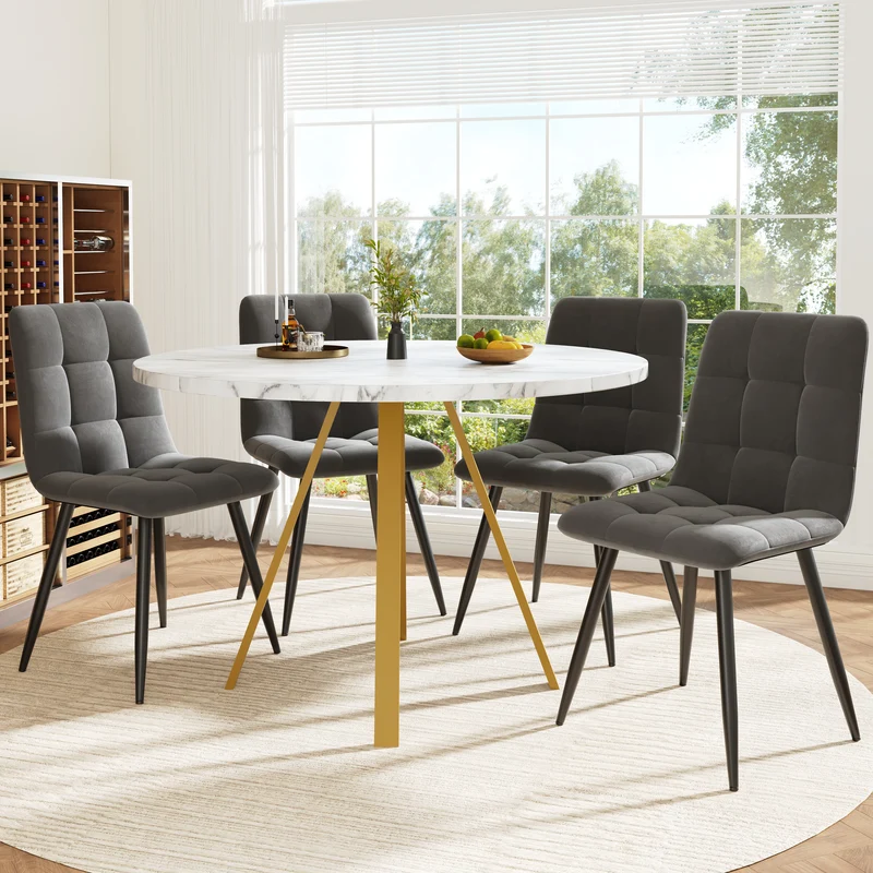 Table à manger ronde effet marbre blanc, pieds dorés, 4 personnes 80x80x75cm ARMOIREDARK