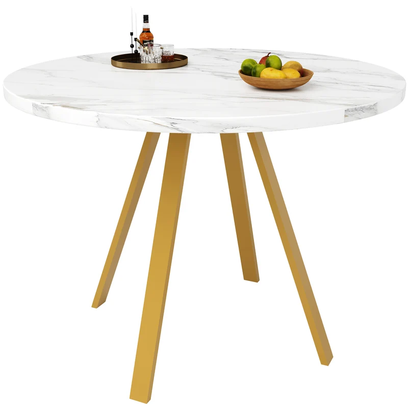 Table à manger ronde effet marbre blanc, pieds dorés, 4 personnes 80x80x75cm ARMOIREDARK