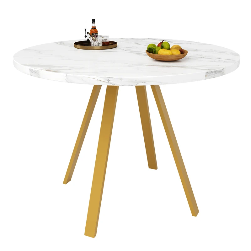 Table à manger ronde effet marbre blanc, pieds dorés, 4 personnes 80x80x75cm ARMOIREDARK
