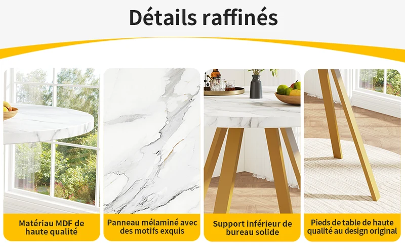 Table à manger ronde effet marbre blanc, pieds dorés, 4 personnes 80x80x75cm ARMOIREDARK