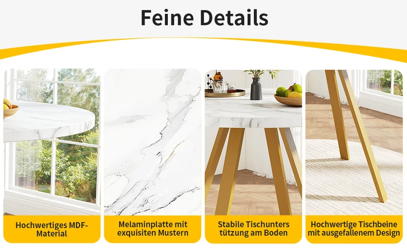 Table à manger ronde effet marbre blanc, pieds dorés, 4 personnes 80x80x75cm ARMOIREDARK