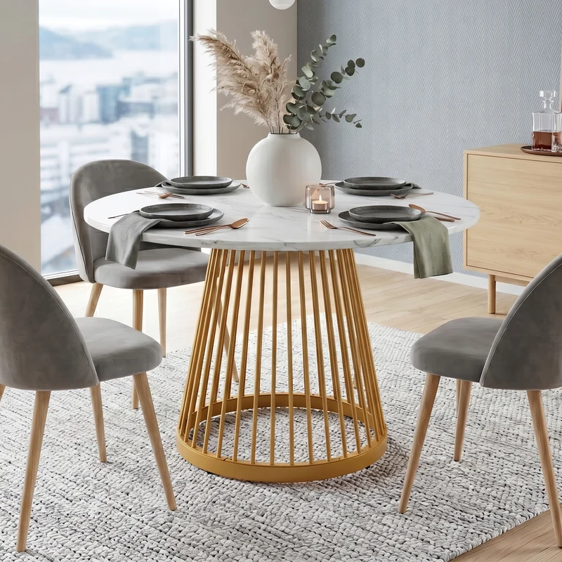 Table à manger ronde effet marbre blanc, pieds dorés 80x80x76cm ARMOIREDESIGN