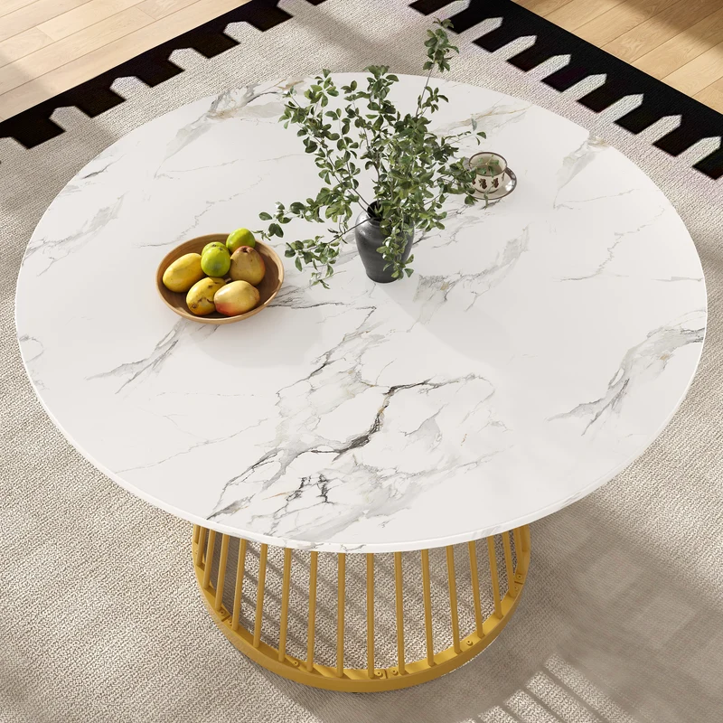 Table à manger ronde effet marbre blanc, pieds dorés 80x80x76cm ARMOIREDESIGN