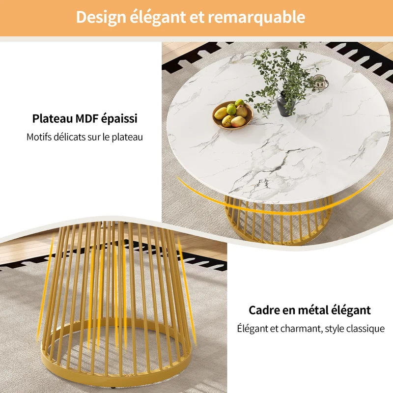 Table à manger ronde effet marbre blanc, pieds dorés 80x80x76cm ARMOIREDESIGN